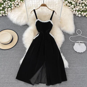Elegants Sieviešu Vintage Samta Kleita Ir 2021. Ziemas Modes Spageti Siksna bez Piedurknēm, ar Ziedu rakstu Frēzēšana Kabatām-line Midi Puse Kleita