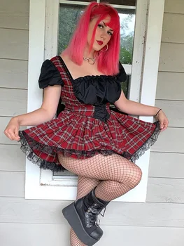 InsDoit Lolita Stilu Gothic Melns Korsešu Kleita Sievietēm Pleds Harajuku Vintage Mežģīnes, Mežģīnes Up Mini Kleita Raibs Punk Līnijas Kleita