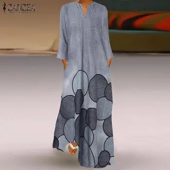 Ir 2021. ZANZEA Rudens Modes Maxi Kleita Sieviešu V Kakla garām Piedurknēm Ziedu Iespiesti Sundress Drēbes Femme Vintage Kaftan Vestidos Baggy