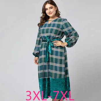 Jauna rudens ziemas plus lieluma kleita sievietēm lielu garām piedurknēm zaudēt gadījuma izšūta josta zaļā V-veida kakla kleita 3XL 4XL 5XL 6XL 7XL