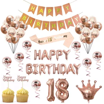 Rosegold 18 Gadu Balonu Happy Birthday Banner Cupcake Toppers Pieaugušo Dzimšanas dienas svinības Dekoru Vīrieši Sievietes 18 gadu Jubileju Suppplies
