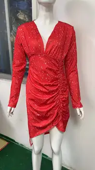Sarkana Kleita Sievietēm Kritums Ir 2021. Jauna vidēja garuma Kleita Sexy vienkrāsainu Kleitu Sieviešu Elegantas Vakara Puse Kleitas