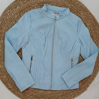 Sieviešu mākslīgās ādas jaka, sieviešu mākslīgās kažokādas mētelis zilā pastelis, rudens apģērbu 2021
