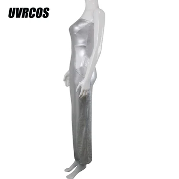 UVRCOS Ropa Sexy Mujer Strapless Izdilis Sudraba Kabatas Rotā Bodycon Spīdīgu Maxi Kleita Automne Ir 2021. Jaunu Amoresy Puse Clubwear