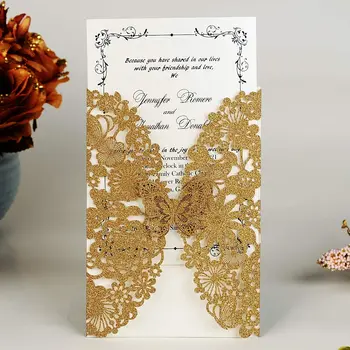WISHAMDE Spīdums Zelta lāzergriešanas Kāzu Ielūgumi Kartes Tauriņa Mežģīņu Ziedu Dizainu Dzimšanas dienas Baby Dušas 50gab