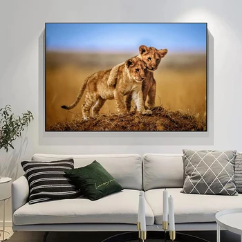 Āfrikas Savvaļas Dzīvnieki 2 Lauva Ģimenes Kanvas Glezna Plakāti un Izdrukas Sienas Mākslu, viesistaba, Mājas Apdare, Krāsošana