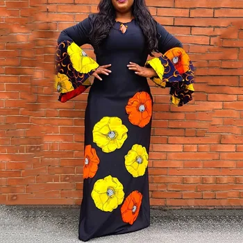 Āfrikas Sievietēm Maxi Kleitas Modes Krāsu Druka Bloķēt Uzliesmojums-Sleeve Sieviešu Bodycon Garas Piedurknes Vakara Pusei Kleita 2022 Jauno Gadu