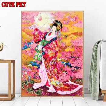 Ķiršu koku Diy dimanta izšuvumi Japāņu kimono sieviete dimanta krāsošana pilnu kvadrātveida Urbt mozaīkas 5d attēlu rhinestone dekori