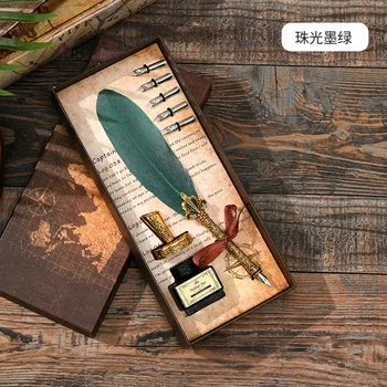 Antīkās Ķīnas angļu Spalvu Pildspalvu Komplekts Vintage Reklāmas Dāvanu tintes Pildspalvu Dip Ūdens Metāla Strūklaka Pildspalvu Komplekts Dzimšanas dienas Dāvanu 5 Zīmuļi