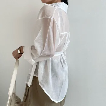 Brīvs, Elegants Ar Garām Piedurknēm Blūze Sieviešu Apģērbu Nelegālo Balts Sauļošanās Krekls Sievietēm 2022 Plānas Sprādzes Modes Krekli, Topi 15674
