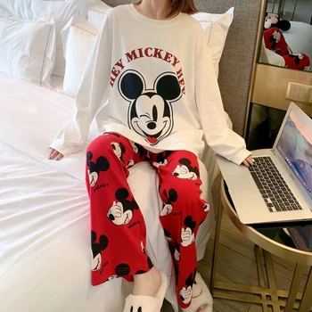 Disney Pidžamas Sieviešu Rudens garām piedurknēm, Garās divdaļīgs Kostīms Sieviešu Kawaii Zaudēt Drukā Mājas apstākļos Gadījuma Mickey Pidžamas