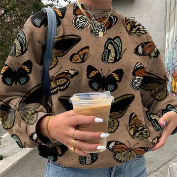 Drukāt Butterfly Sieviešu Krekls Lielgabarīta O-veida kakla garām Piedurknēm Hoodies Sieviete Ir 2021. Jauna Rudens Ziemas Zaudēt Gadījuma Meitene Pulovers