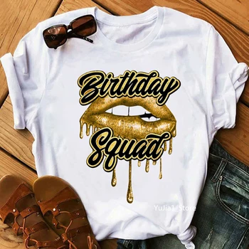 Dzimšanas diena Squad/Queen Grafiskais Izdrukāt Sieviešu T-Krekls Sexy Lūpām Mirdzēt T Femme Vasaras Modes Topi, t-veida Krekls Sieviešu Vairumtirdzniecība
