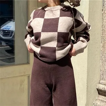 Kriptogrāfijas Rudens Ziemas Trikotāžas Rūtainā Mīksti Džemperi Sieviešu Modes Garām Piedurknēm Top Džemperis Streetwear Džemperis Lielgabarīta