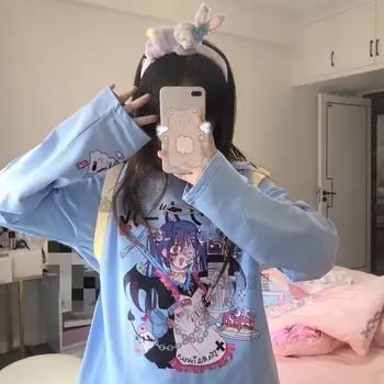 Rudens Japāņu Harajuku Drūmi Meitene Anime Drukāt Zaudēt garām Piedurknēm T-krekls Streetwear Gadījuma T Krekls Sievietēm Studentu Topi