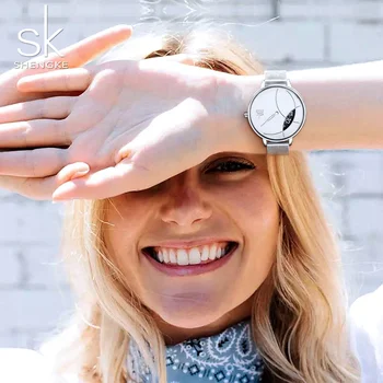 SK Sieviešu Modes Pulksteņu Komplekts Radošas Dāmas Rokas pulksteni, Nerūsējošā Tērauda Sietu Stilīgs Desgin Sudraba Kvarca Skatīties uz Sieviešu reloj