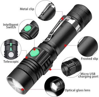 Ultra Spilgti USB Uzlādējams LED Lukturīti Lāpu Super Spilgti LED Taktiskais Lukturītis Ūdensizturīgs Zoomable Labākais Kempings