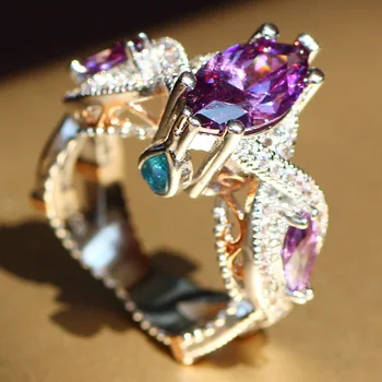 YaYI Fine Jewelry Modes Princese Raust Uzstādīt Samazināt Violeta Kubiskā Cirkonija Un Sudraba Krāsu Iesaistīšanās Kāzu Svinības Mīļotājiem Dāvanu Gredzeni